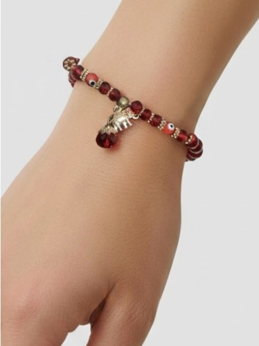 Red Glass Bead Bracelet with Gold Elephant Charm - Unbranded